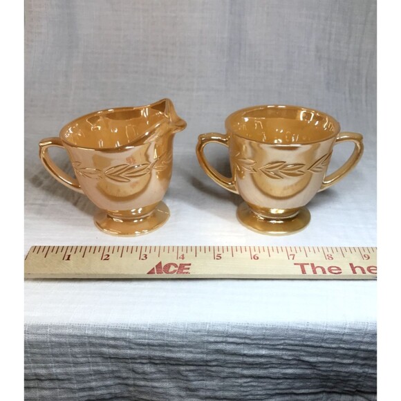 Fire King Peach Luster Laurel Leaf Design Vintage Sugar And Creamer Set - Picture 7 of 9